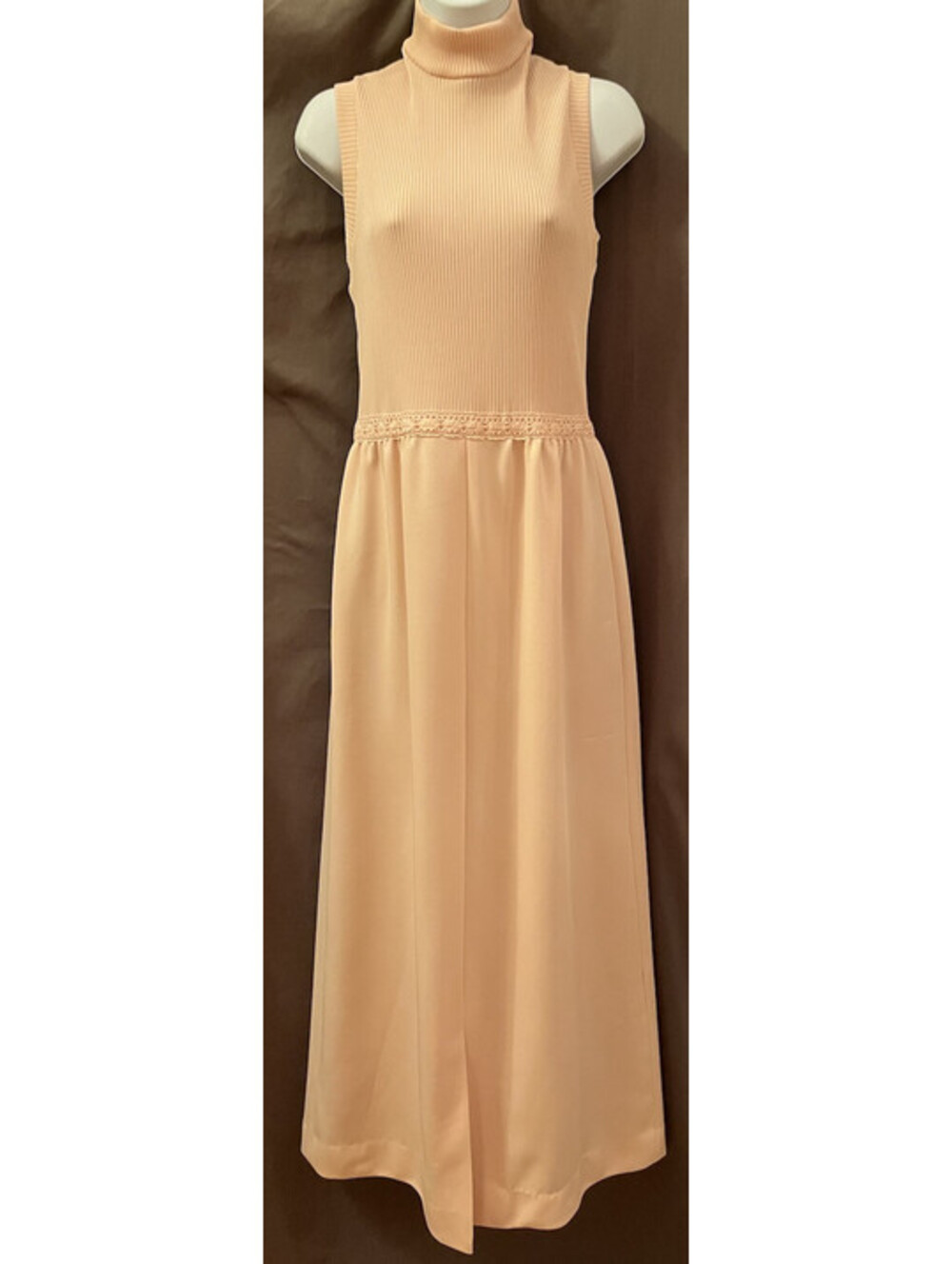 VTG 60s Mod Prom Hostess Pastel Pink Stretch Knit Lace Crochet Maxi Dress SZ 14